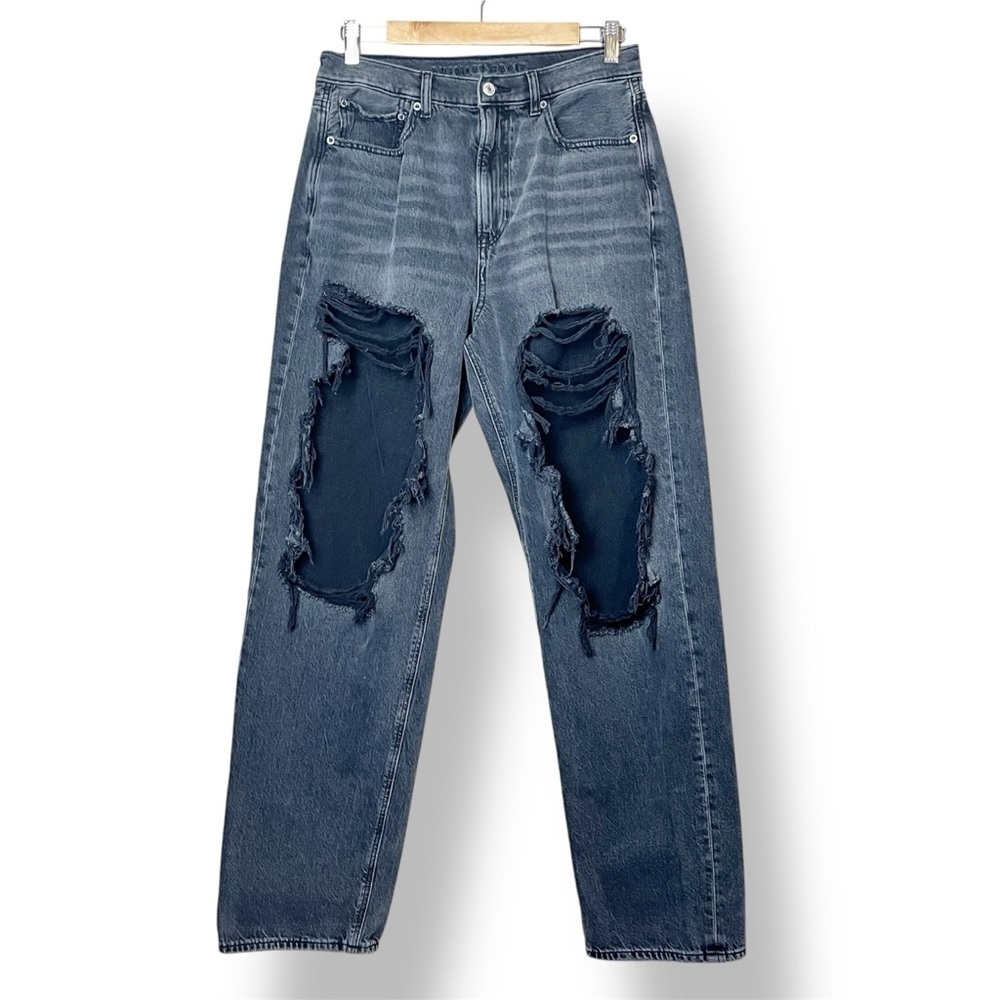 American Eagle Baggy Jeans 8 black high rise waist distressed destroyed holes